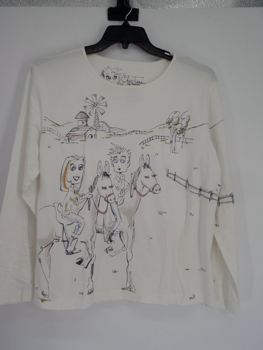 Chico's  Women's Long Sleeve  White Cow Girl Print Multi Color Top  Size 3 US XL